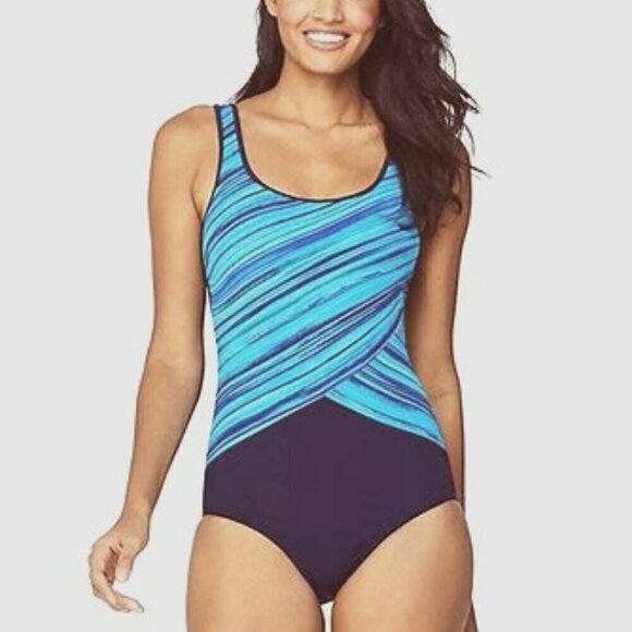 Lands End Woman's One Piece Sporty Scoop Neck Ombre Blue Swim Suit - 12 - Picture 2 of 7